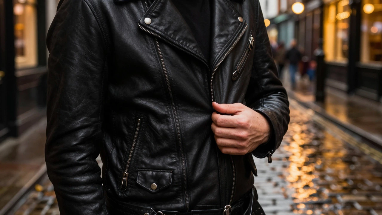 Close-up of a black leather biker jacket with wet cobblestone background in Temple Bar