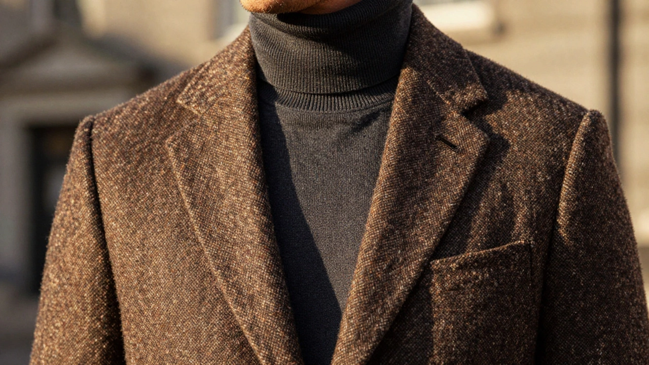 Close-up of a textured tweed shawl-collar jacket with turtleneck