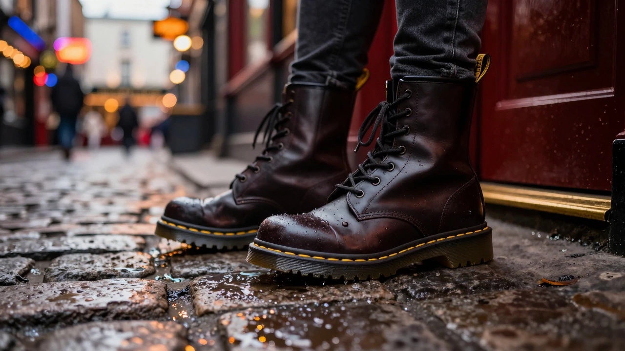 Close-up of Dr. Martens boots on wet cobblestones near Dublin nightlife