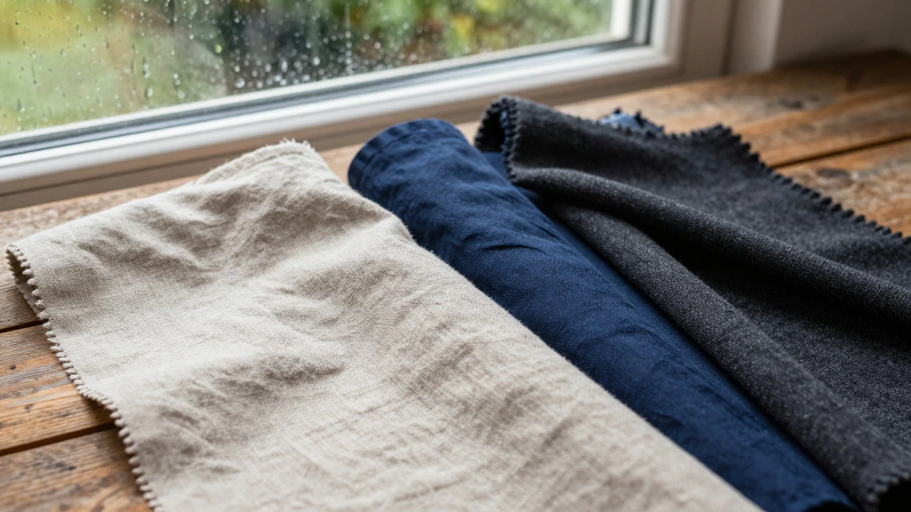 Close-up of linen, cotton, and jersey fabrics on wooden table near rainy window