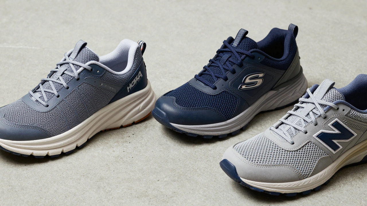 Close-up of three types of ergonomic work shoes on concrete