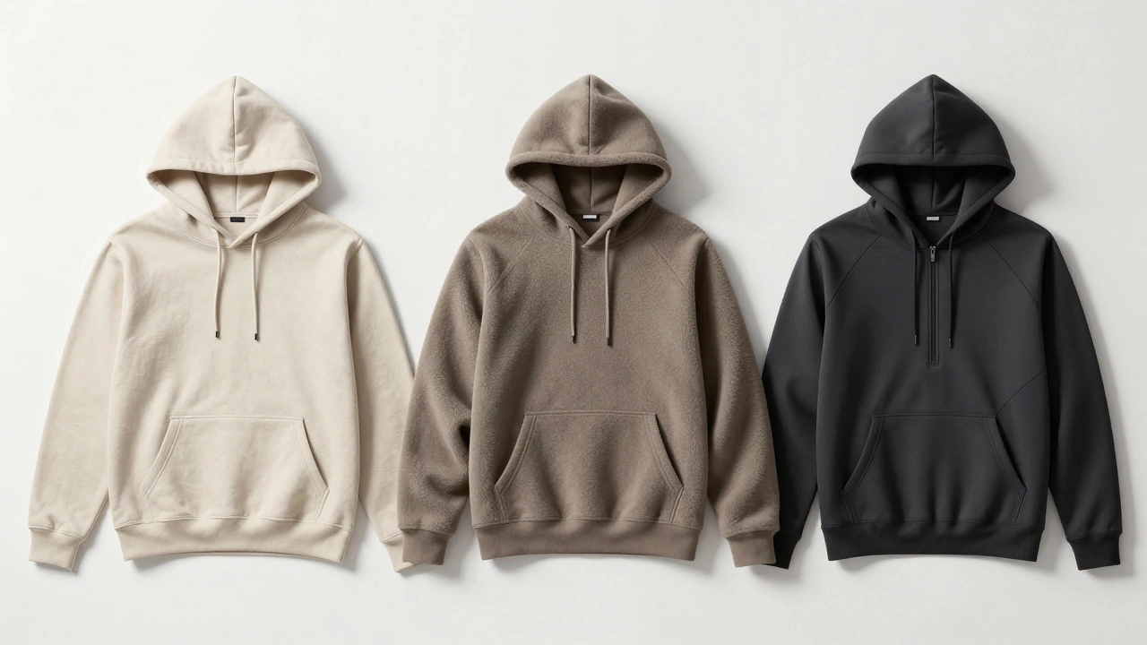 Comparison of three hoodies showing different fabric qualities and textures