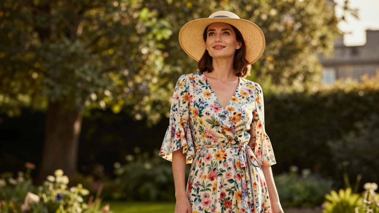 Confident woman in floral wrap dress and hat in Irish garden