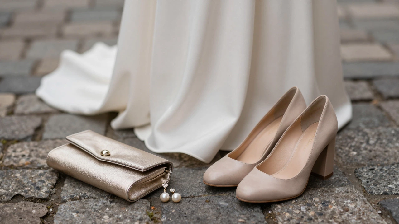 Elegant evening accessories including block heels and a metallic clutch