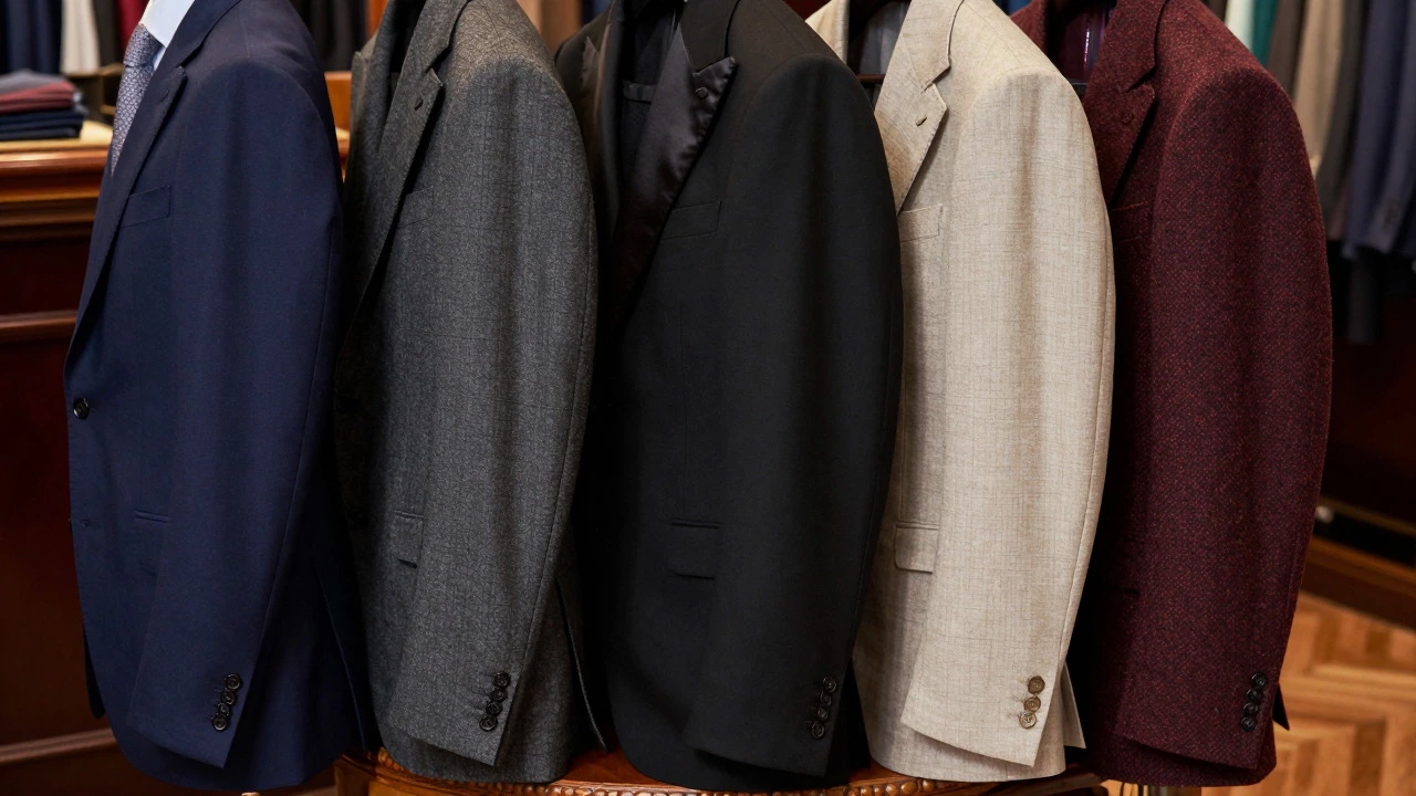 Five different colored suits draped on chair in tailor shop