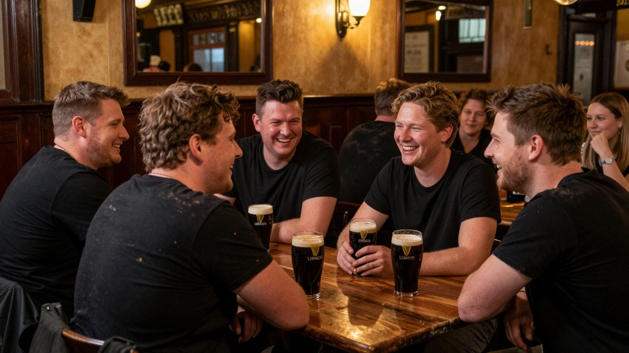 Friends drinking Guinness in a pub wearing black tees