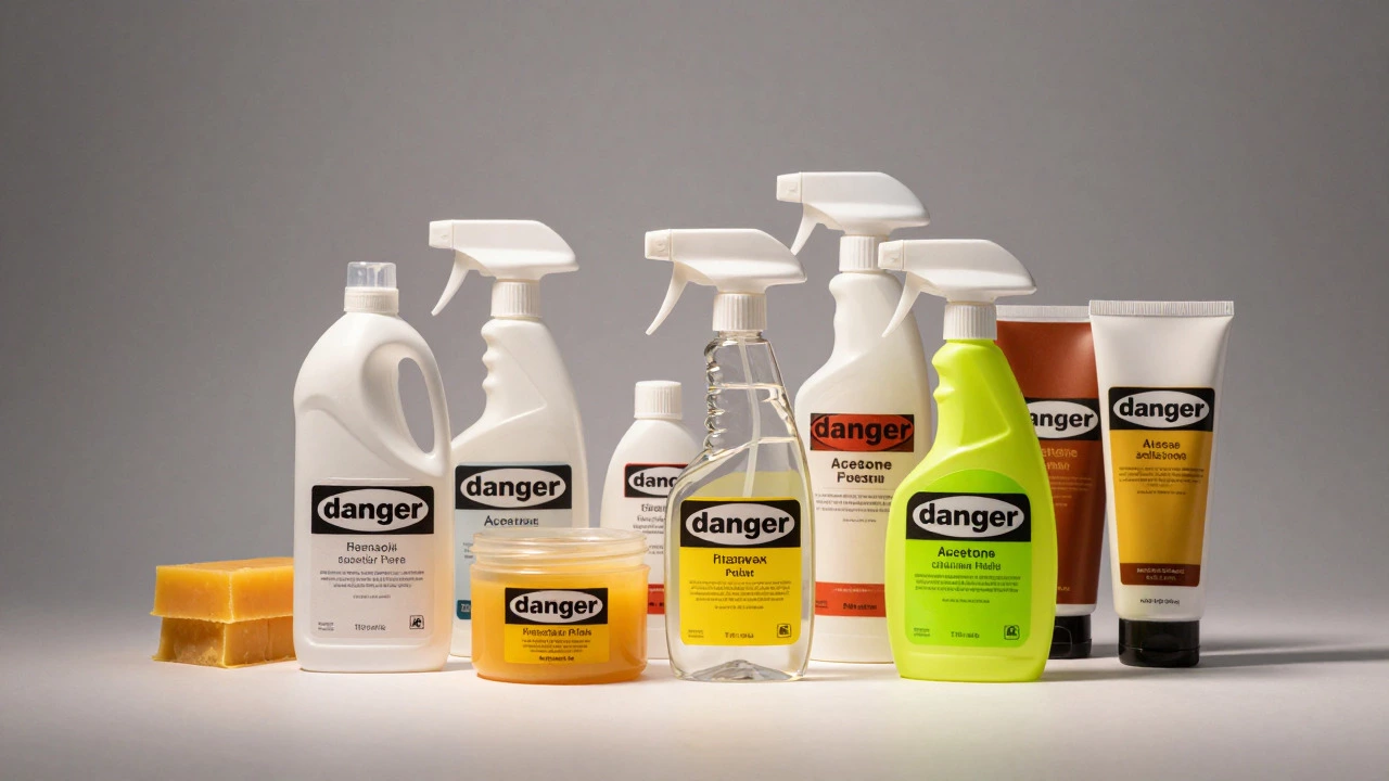Harmful chemicals like bleach next to safe leather wax