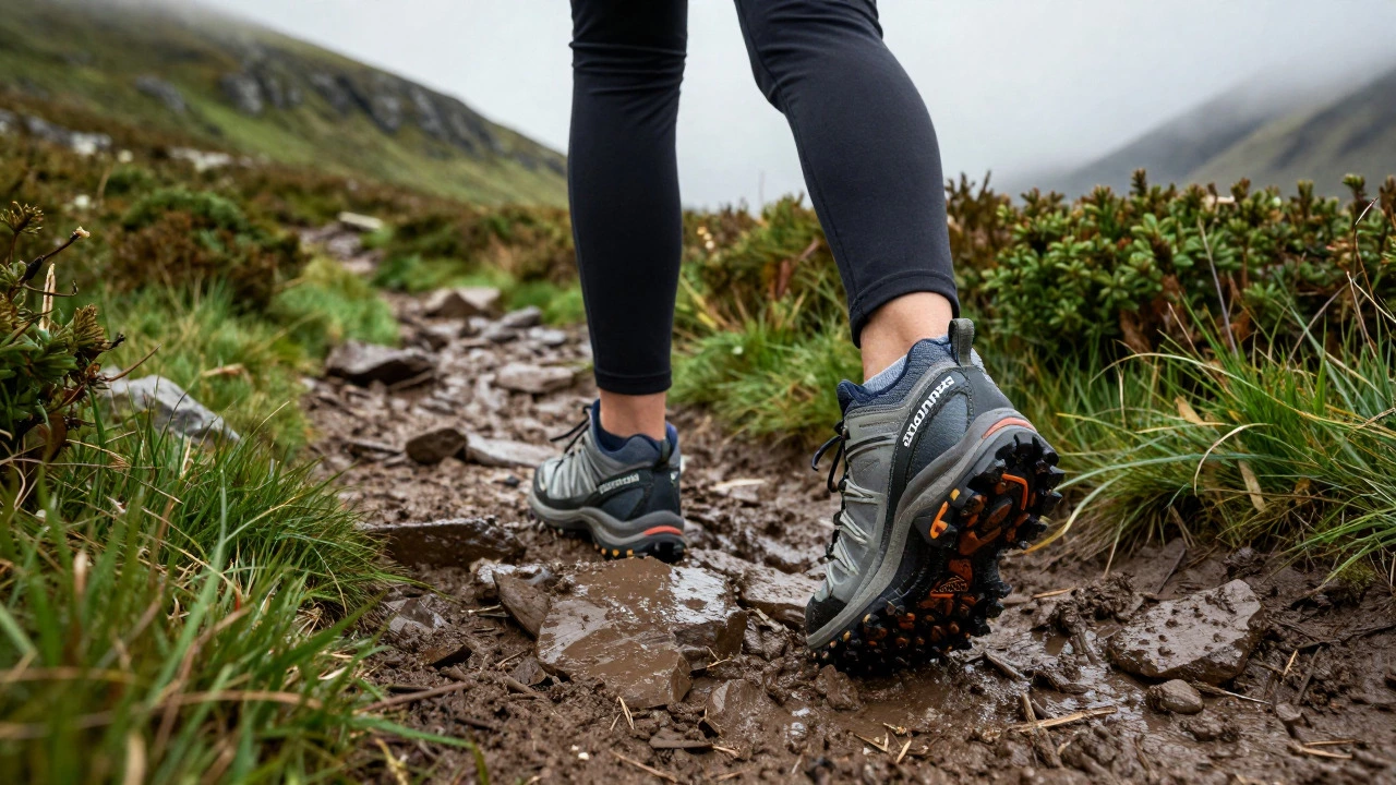 Hiker wearing Salomon boots on muddy trail in Wicklow Mountains