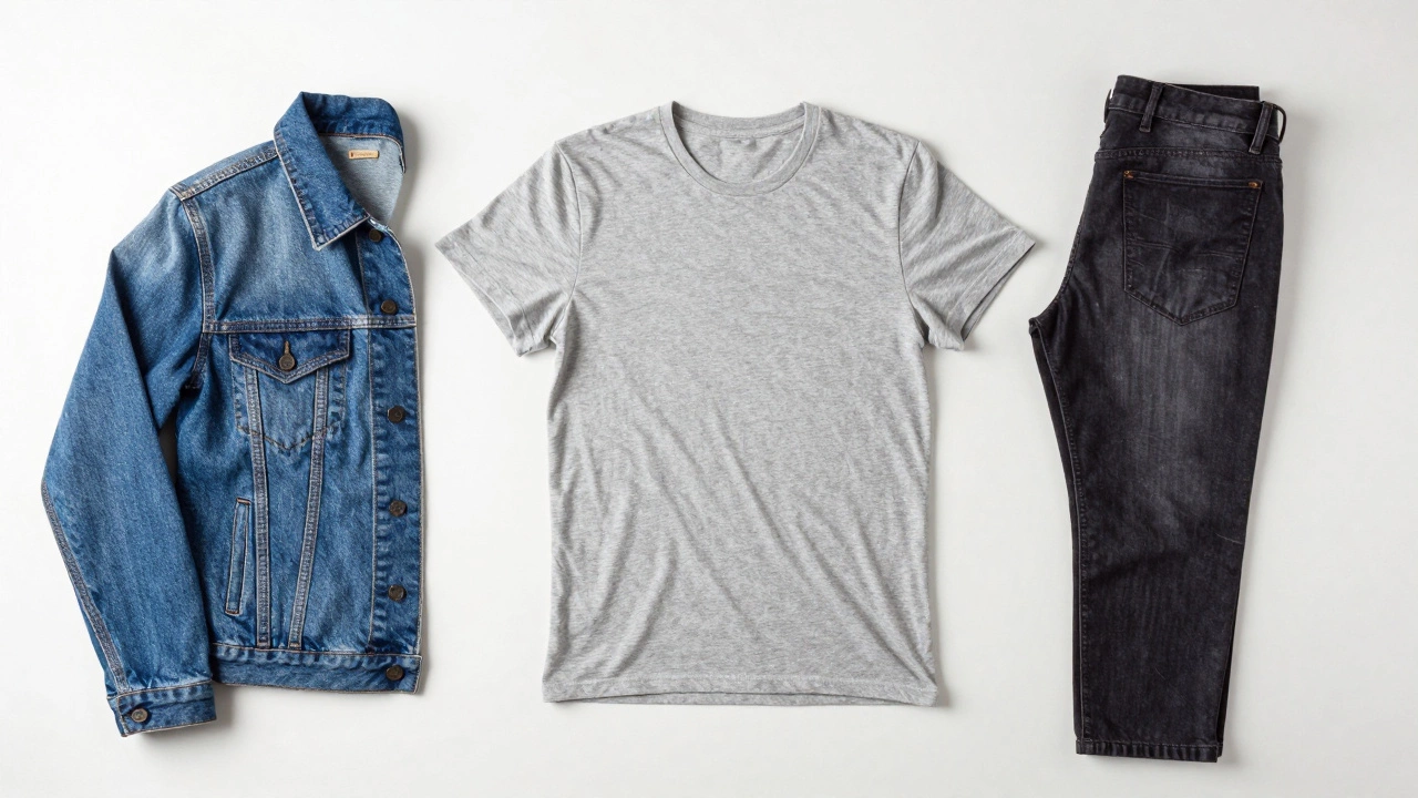 Minimalist grey t-shirt and denim jacket layout