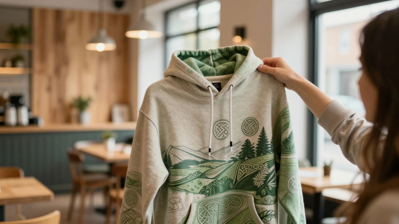 Person holding a unique hoodie with Celtic design in a cozy cafe setting