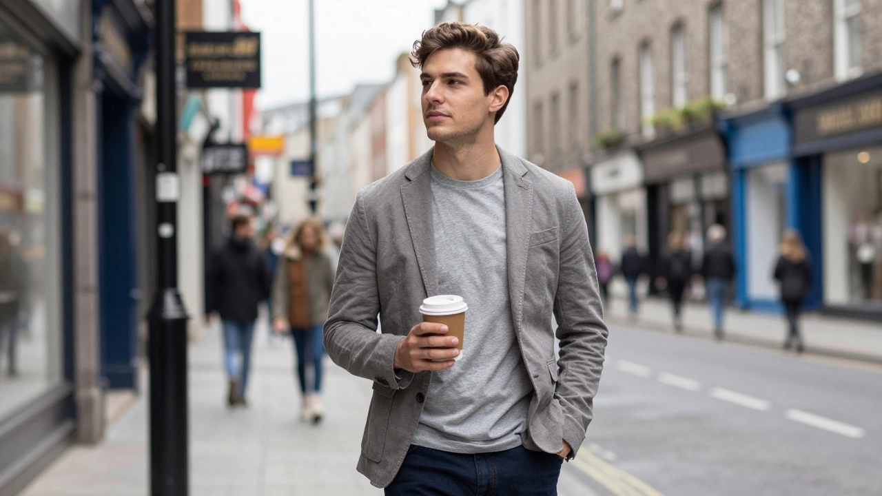 Person in grey tee walking down Grafton Street