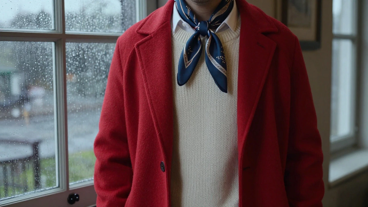 Person wearing a red wool coat layered over a sweater near a rainy window