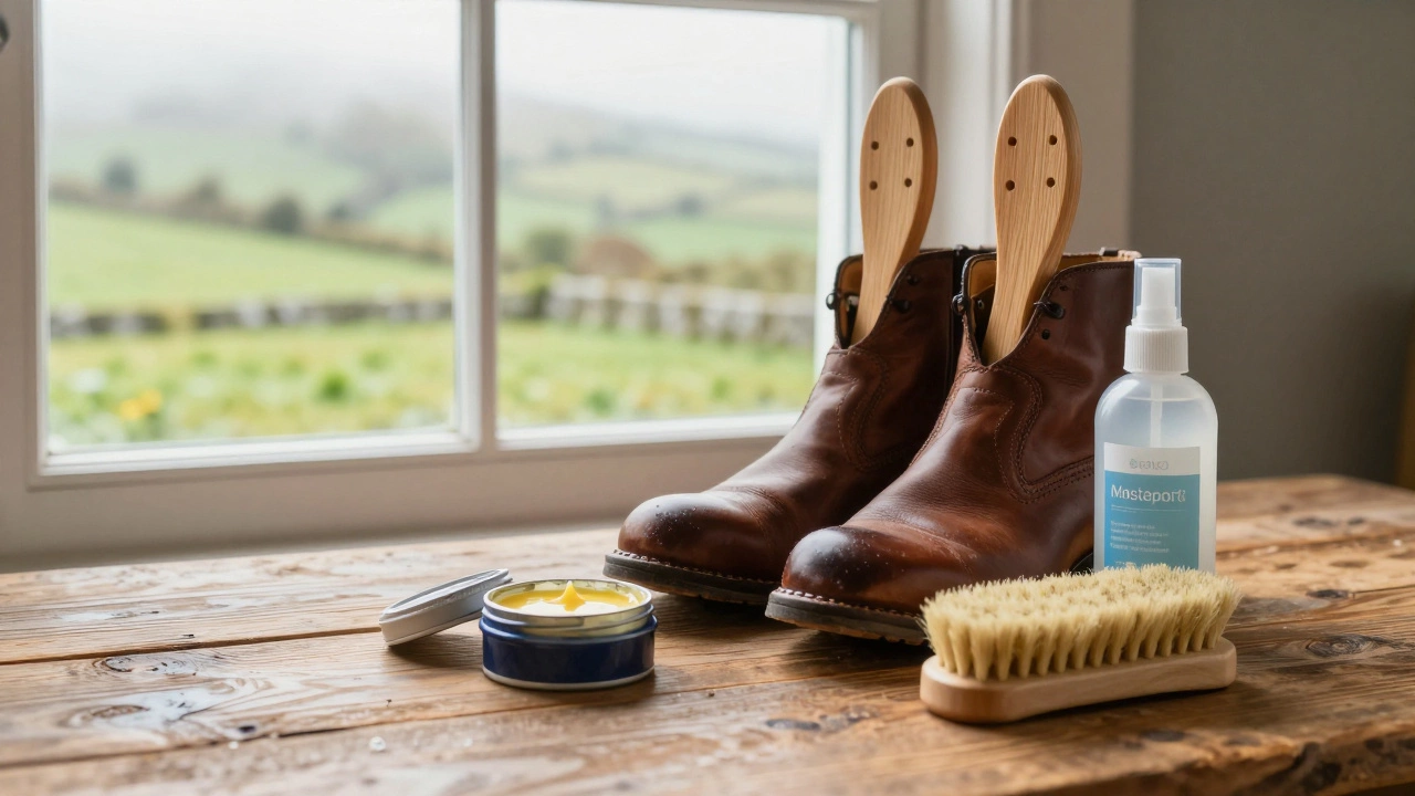 Shoe care kit with cedar trees and polish on a wooden table
