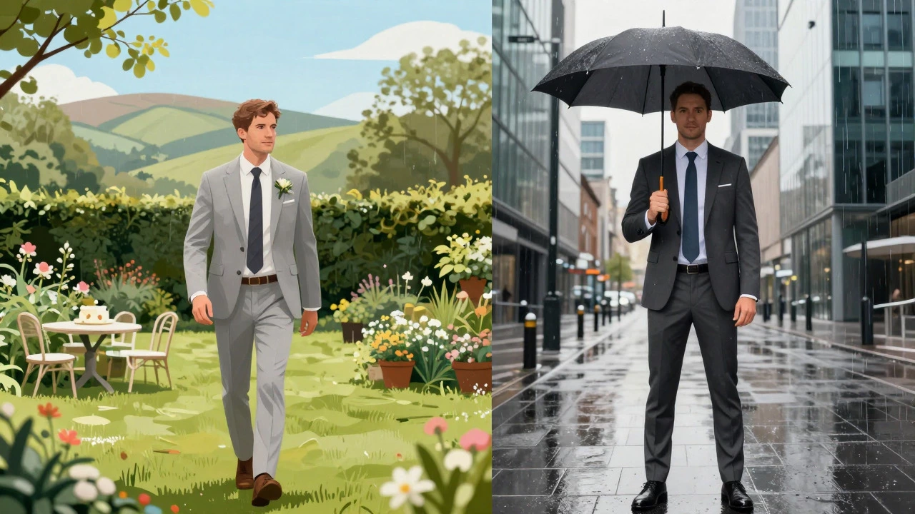 Split scene: man in light suit at wedding and dark suit in office