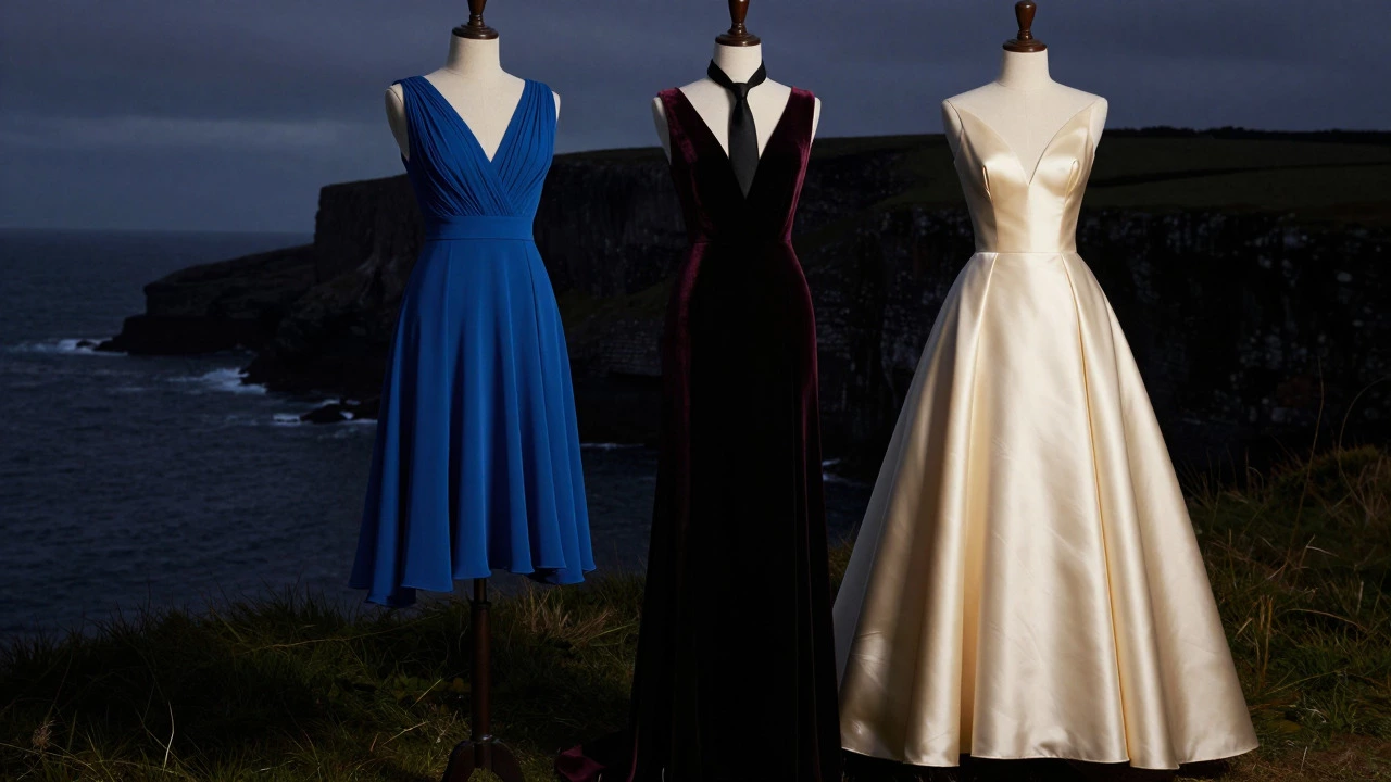 Three formal dresses in jewel tones displayed against a dark backdrop