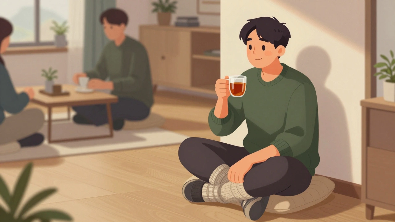 Traveler relaxing on a cushion in a Korean home, wearing socks and slippers, enjoying tea.