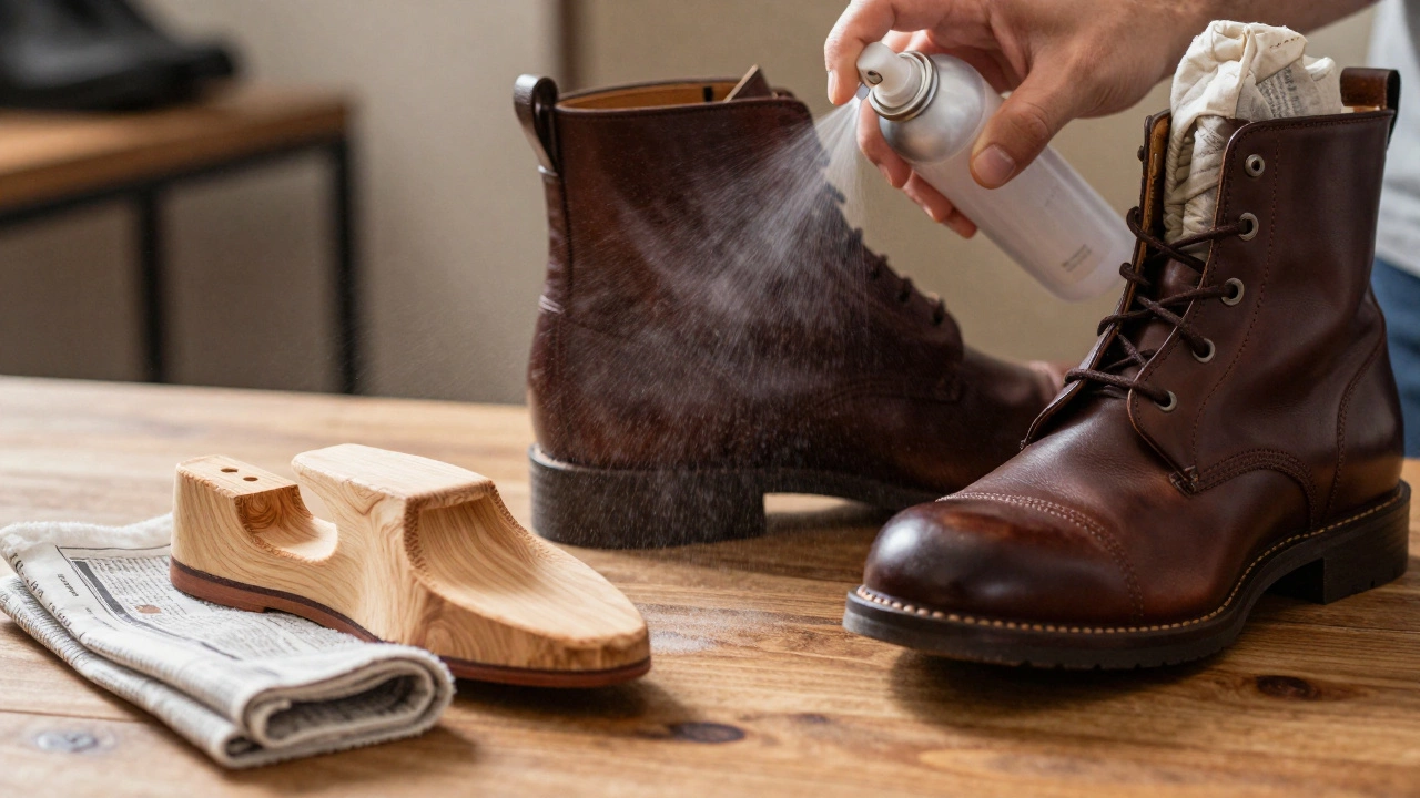 Waterproofing spray and cedar shoe trees for maintaining leather boots