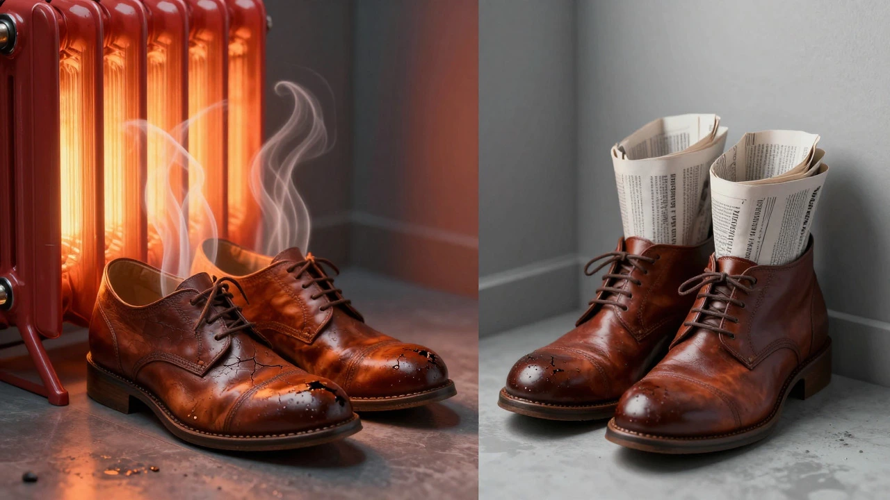 Wet shoes near radiator vs drying safely with newspaper