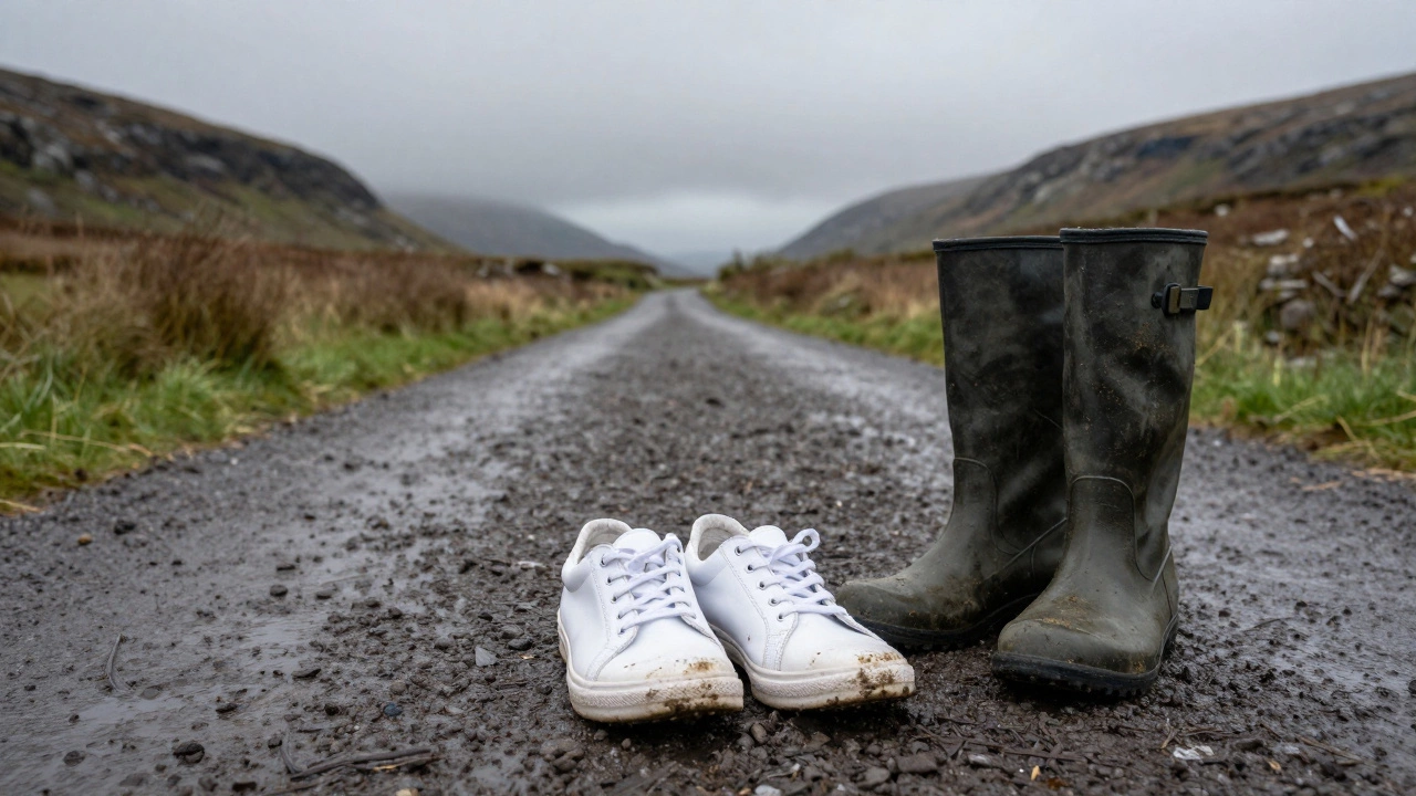 White leather sneakers stained with mud on a rainy rural Irish road
