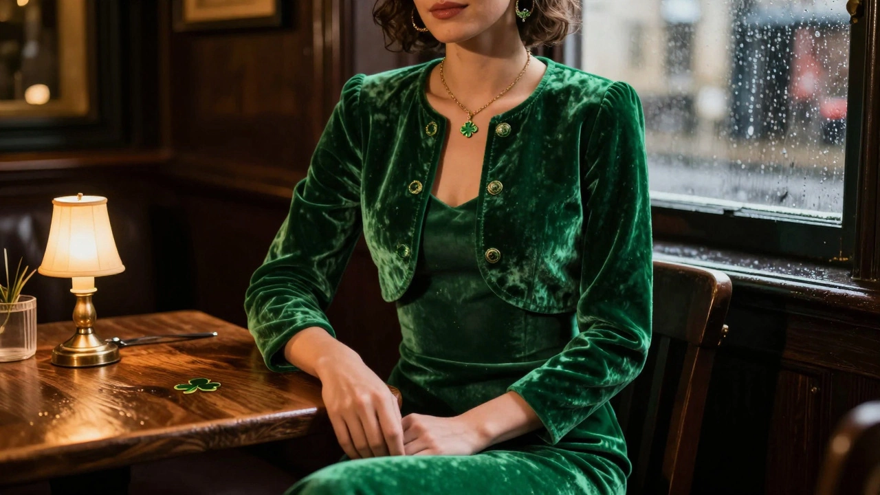 Woman in a green velvet bolero jacket inside a cozy Irish pub