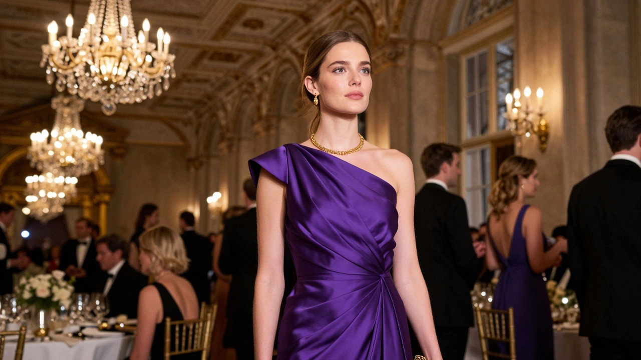 Woman in amethyst gown at elegant Irish evening event