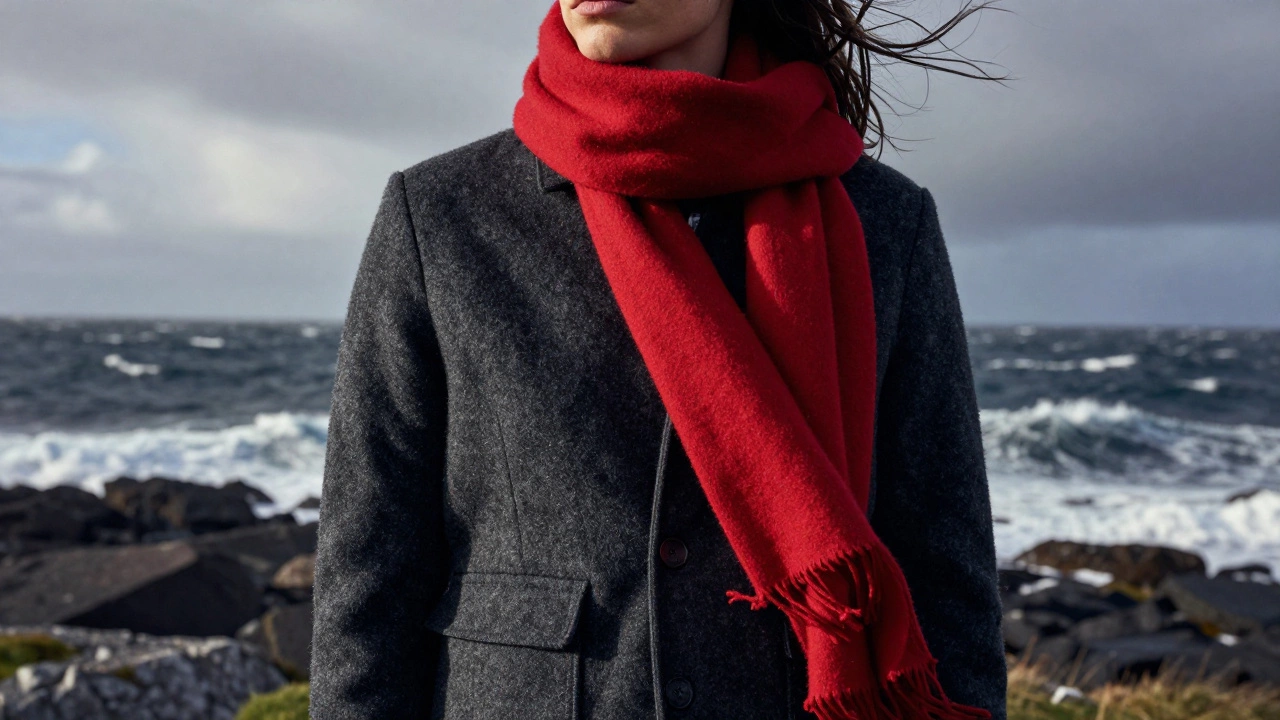 Woman in wool jacket and scarf on windy Irish coast