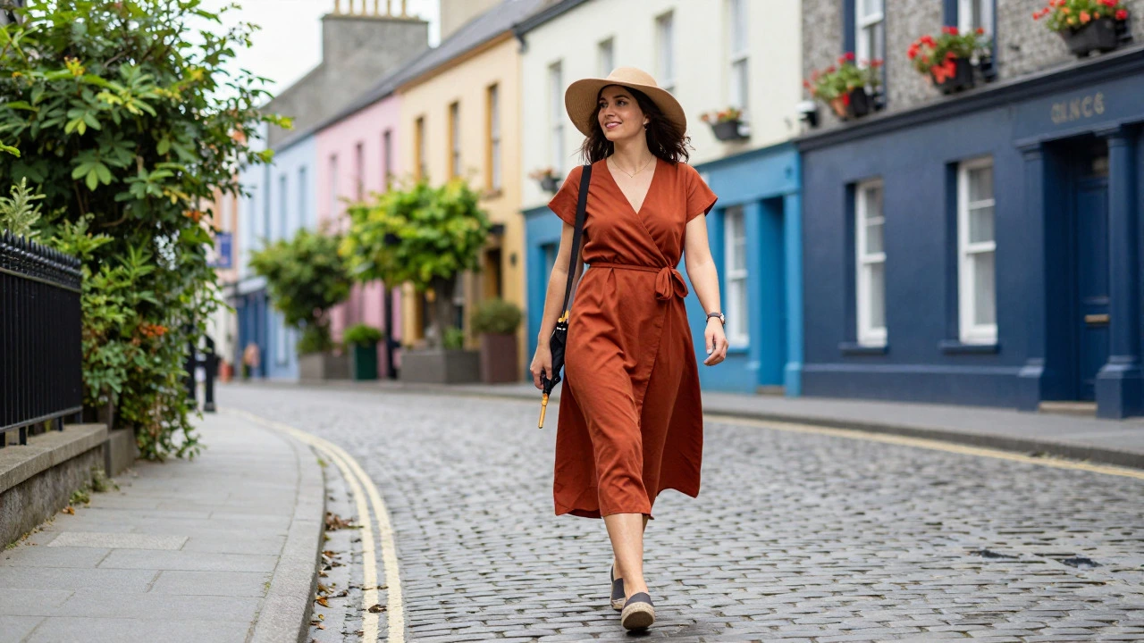 Woman in wrap dress and hat walking on cobblestones in Galway with umbrella