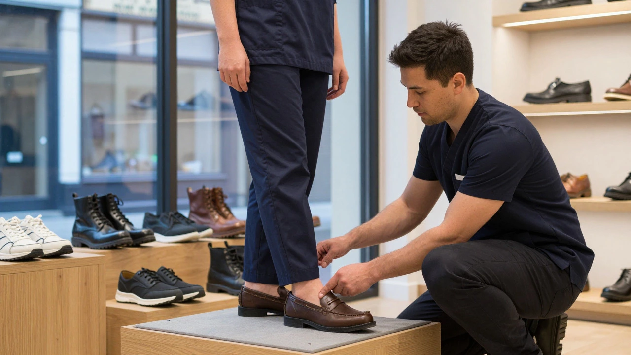 A cobbler assisting a customer with shoe fitting in a warm, independent Irish store