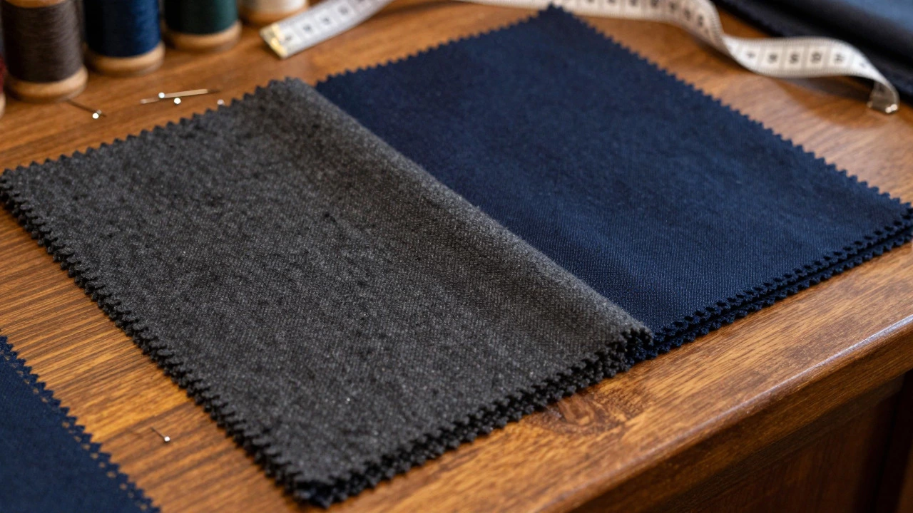Charcoal and navy wool fabric samples