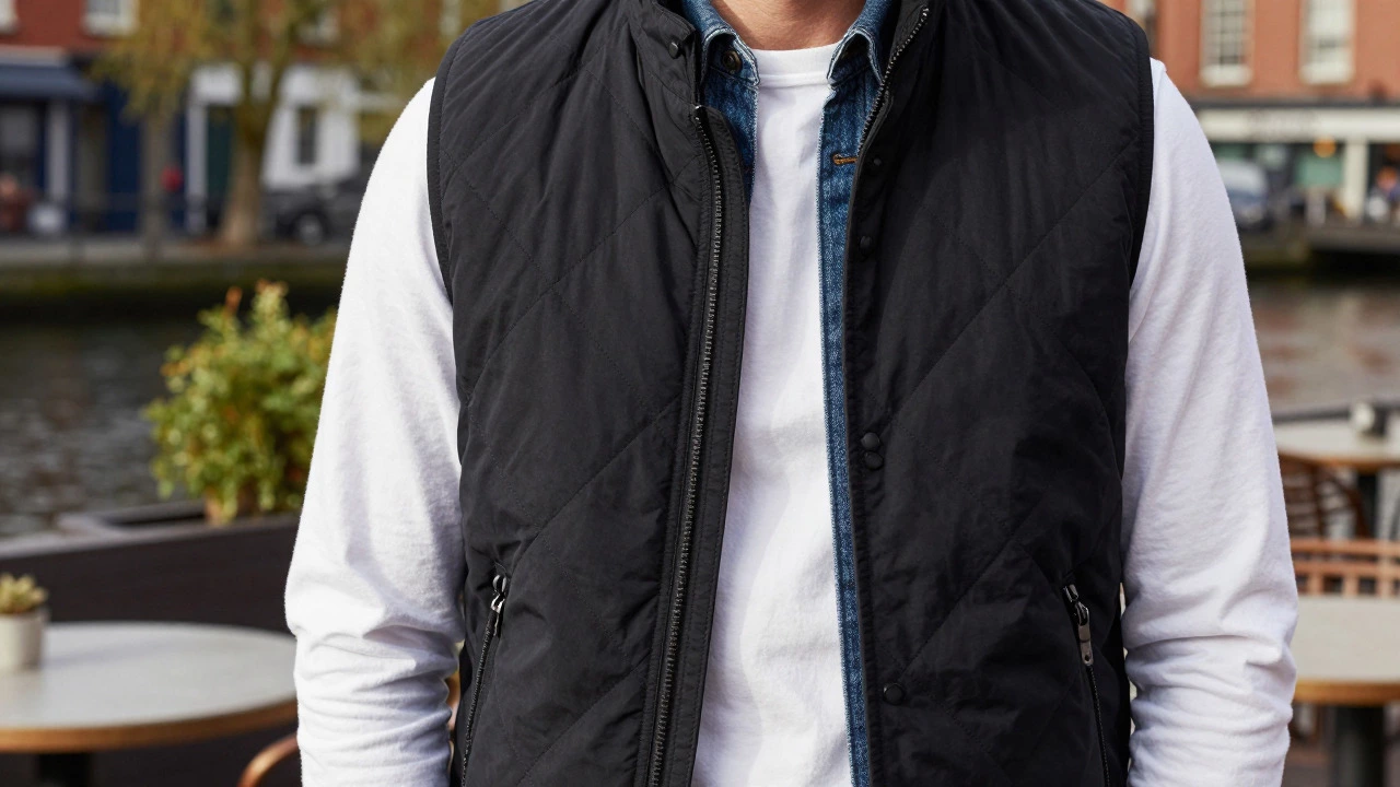 Close-up of a black quilted vest worn over a shirt and denim jacket