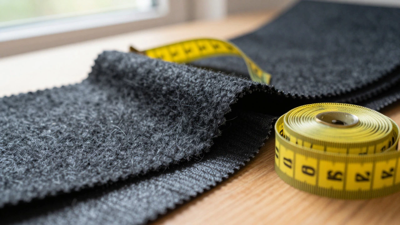 Close up of wool fabric swatches and a measuring tape on a wooden surface