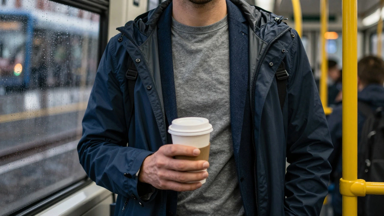 Commuter in grey tee and blazer on rainy Dublin tram