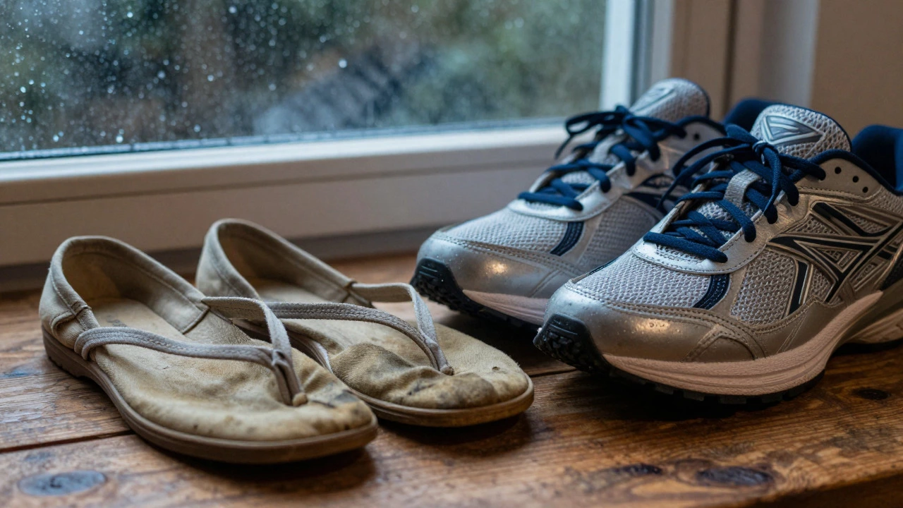 Comparison of vintage canvas plimsolls and modern running trainers on a wooden table.