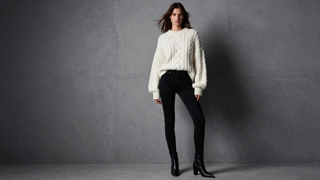 Fashion model styling black skinny jeans with an oversized sweater and ankle boots.