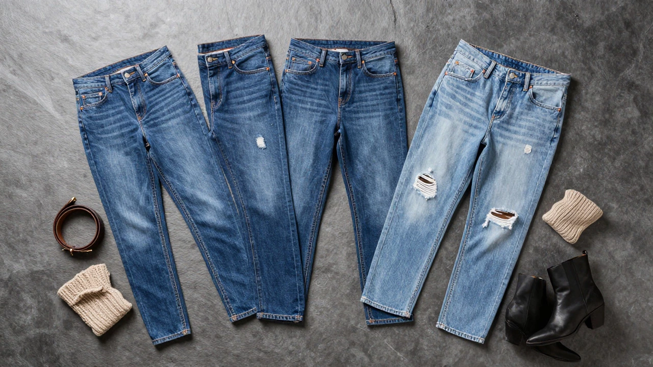Flat lay of five mom jean styles for different body types