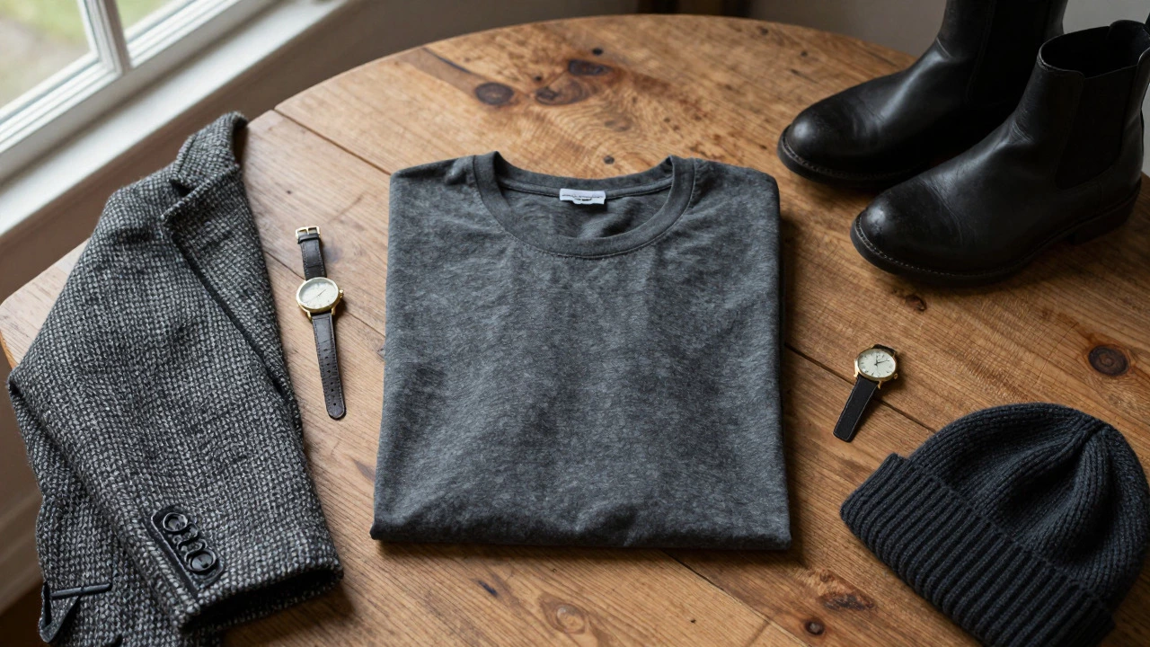 Flat lay of grey t-shirt with tweed jacket and boots