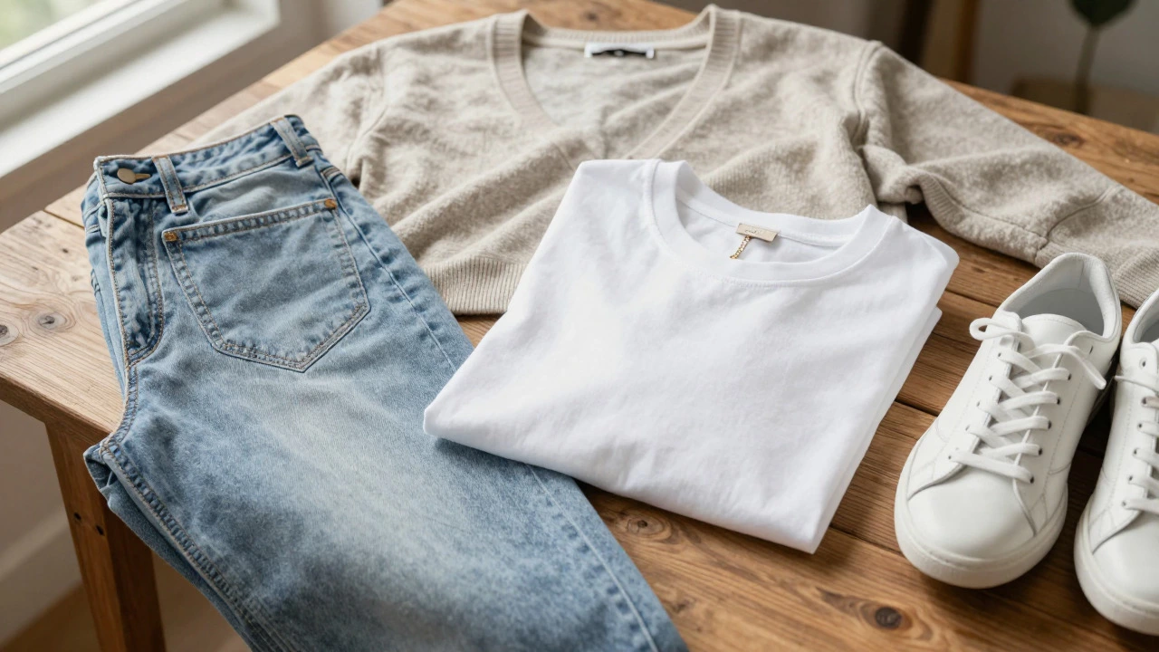 Folded white shirt, light jeans, and cardigan displayed on a wooden table