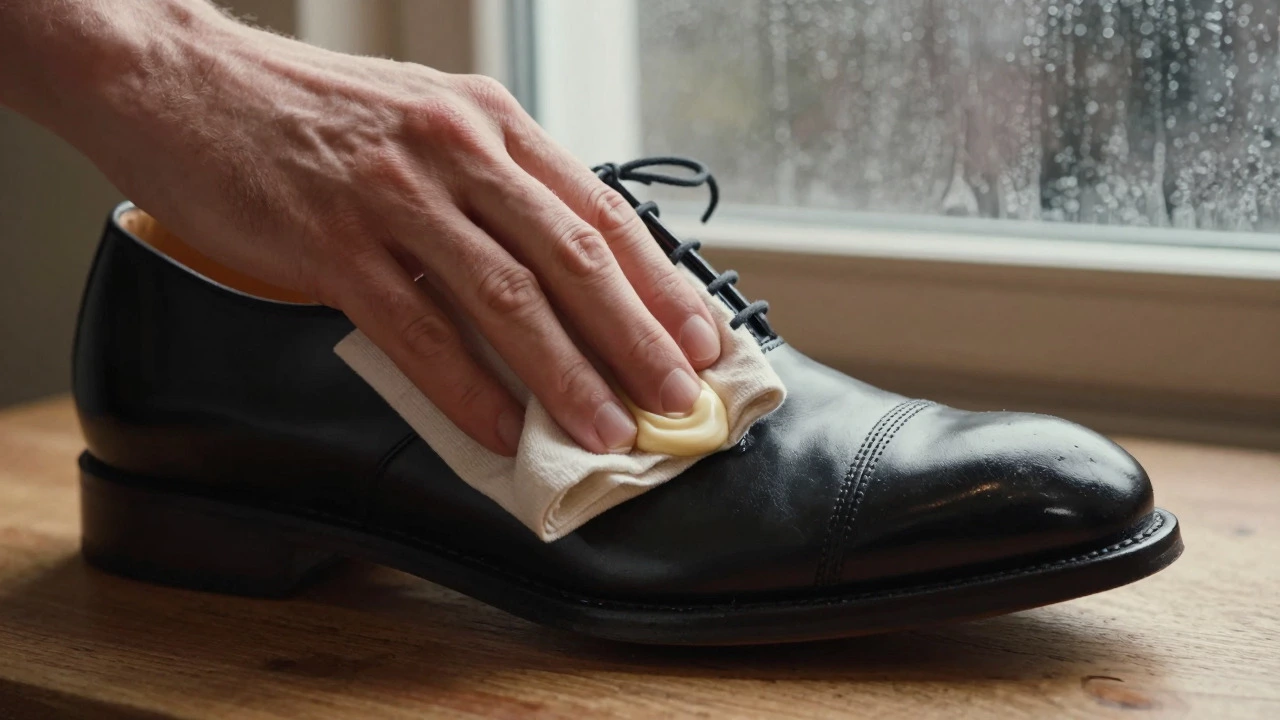Hand applying leather conditioner to restore shine and suppleness to a black dress shoe