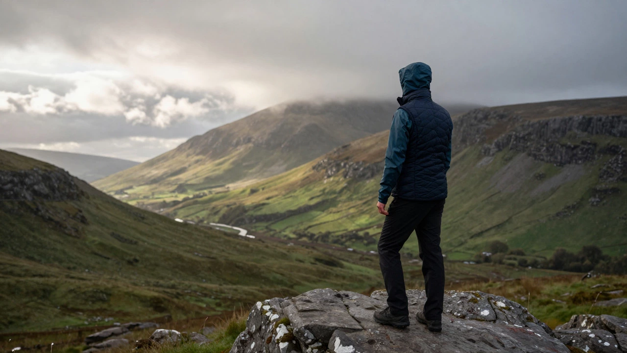 Hiker wearing a layered gilet on a misty Irish mountain trail