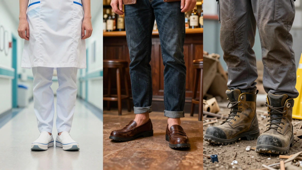 Illustration showing nurses, retail workers, and builders wearing appropriate work shoes