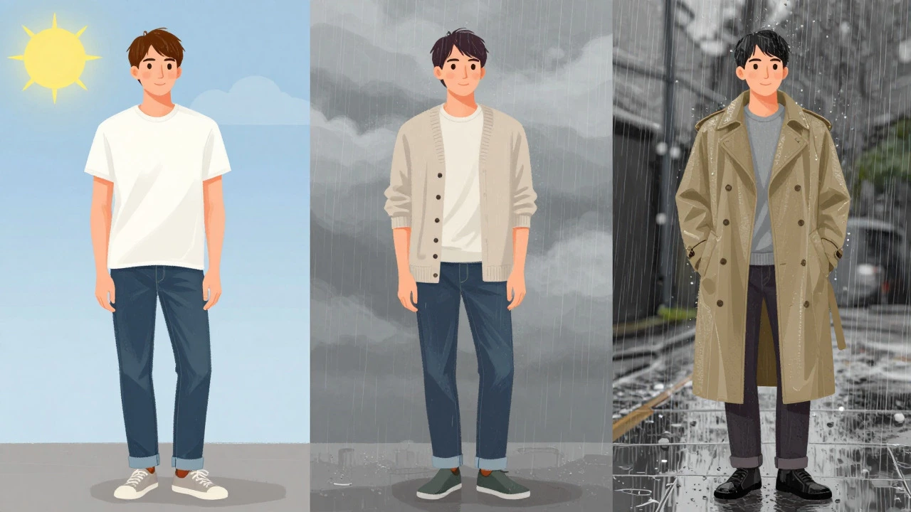 Illustration showing outfit layering for sunny, drizzly, and rainy days