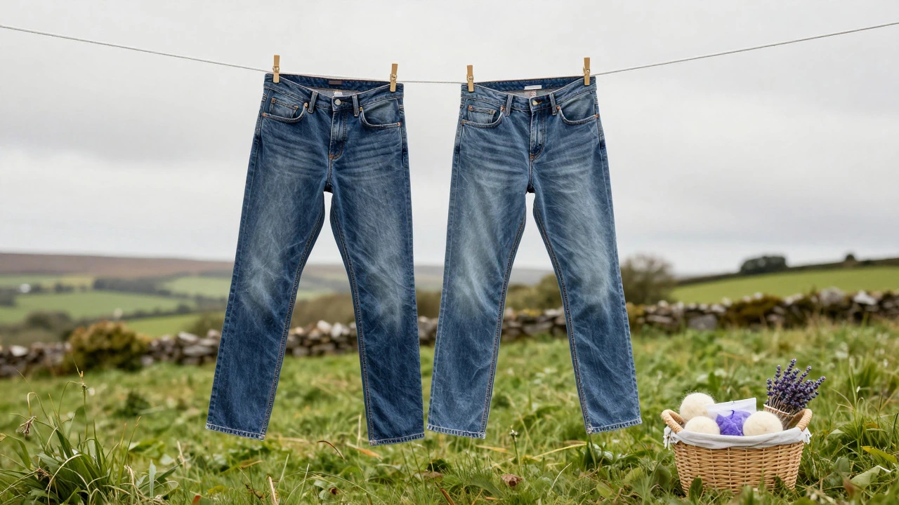 Jeans hanging on a clothesline in the Irish countryside for air drying.