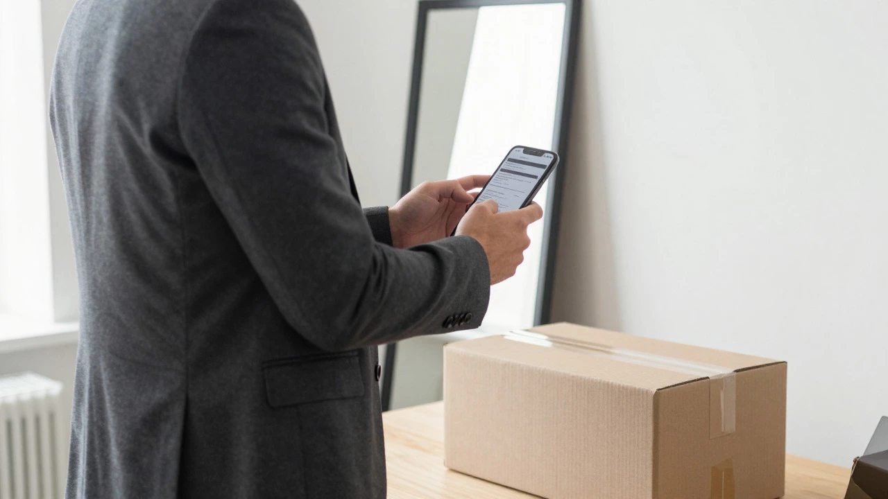 Man checking suit fit in mirror with a shipping box and phone nearby
