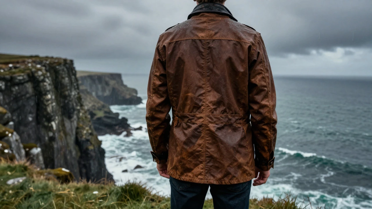 Man in a brown waxed canvas jacket standing on a rainy Irish cliff