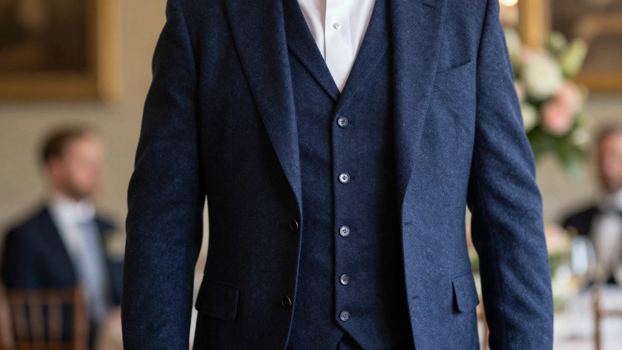 Man in a formal suit wearing a tailored navy wool waistcoat