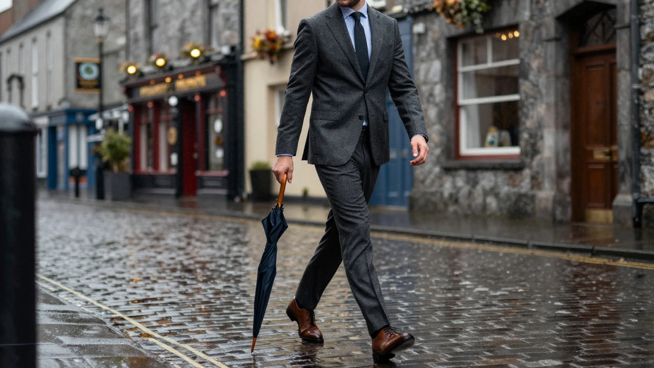 Man in grey suit walking in rain