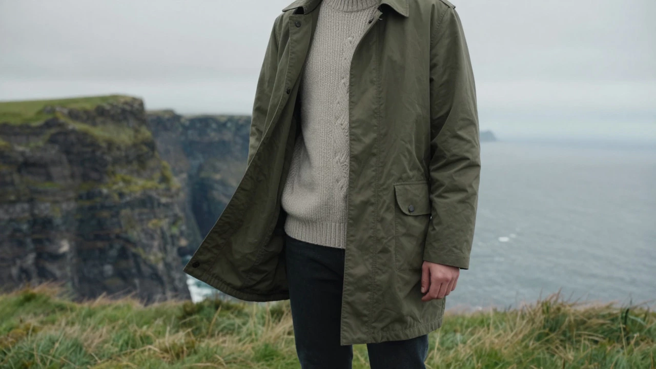 Person wearing an olive green chore coat in a windy Irish coastal landscape.