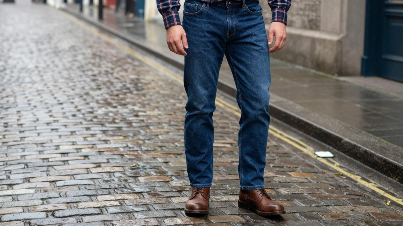 Person wearing fitted straight-leg jeans on a rainy Dublin cobblestone street.