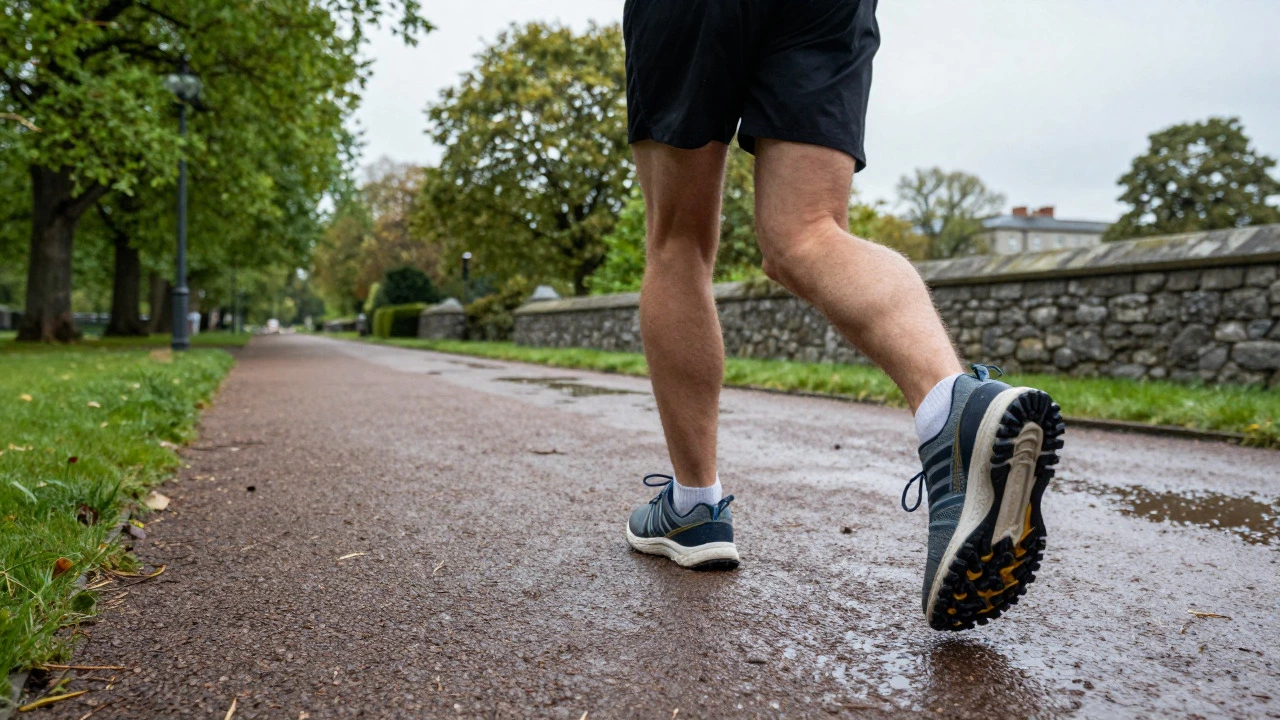 Runner jogging on a wet path in Phoenix Park wearing waterproof athletic trainers.