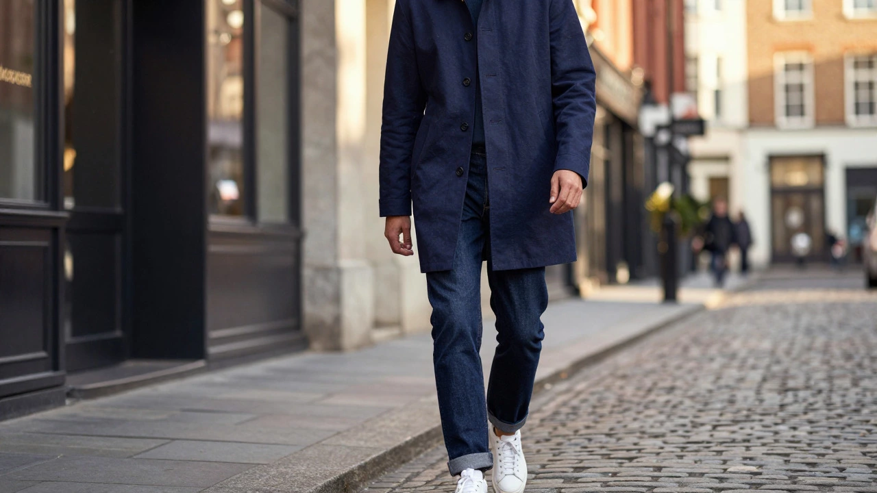 Stylish individual in an indigo chore coat walking through Temple Bar at sunset.